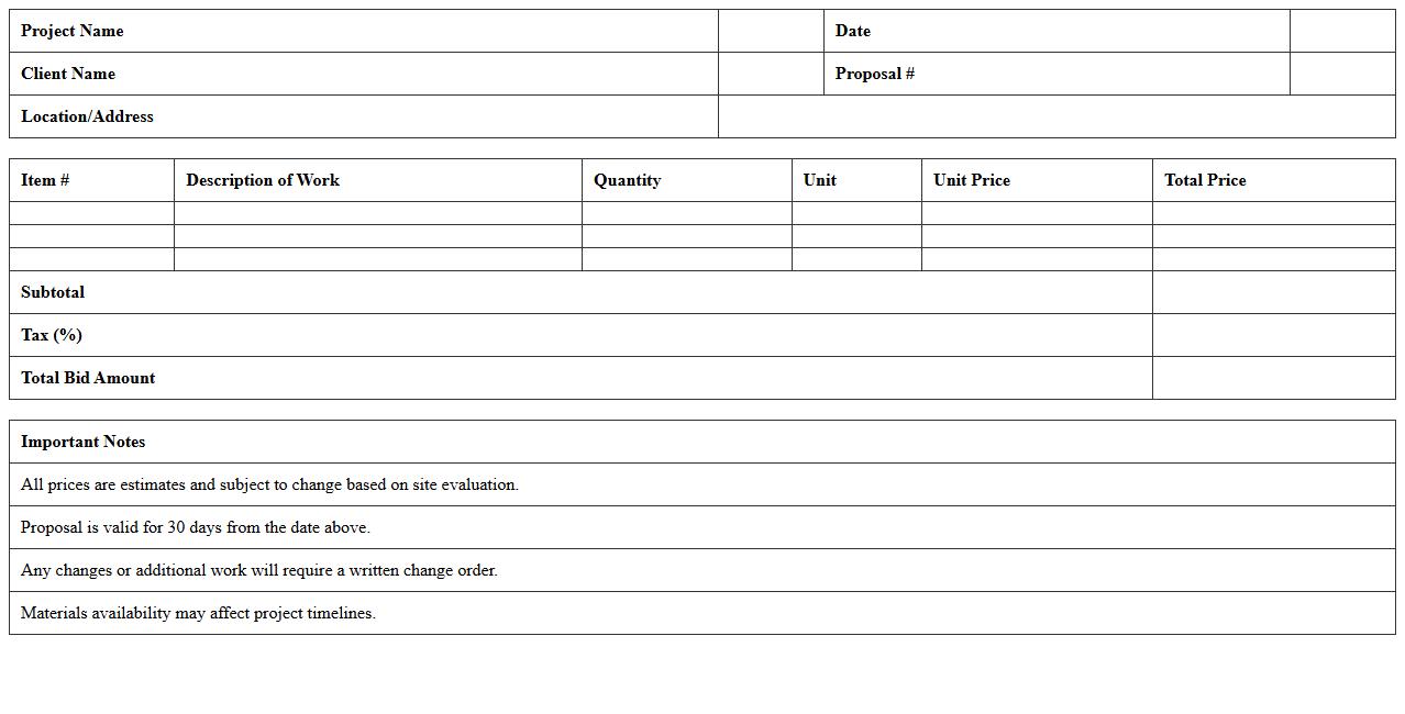 Residential Construction Bid Proposal Excel Template