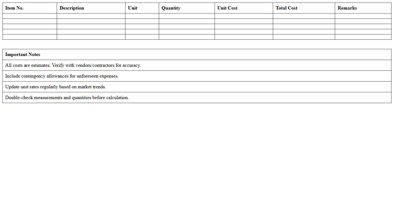 Residential Construction Cost Estimator Spreadsheet
