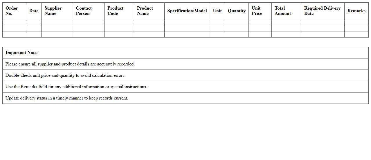 Retail Procurement Order Record Excel Template