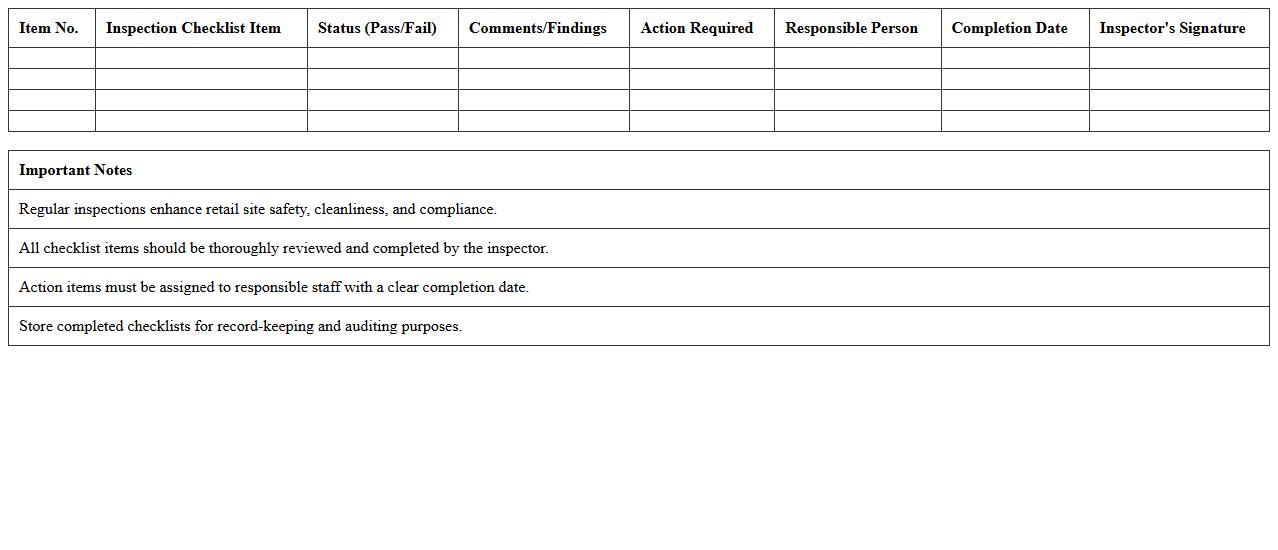 Retail Site Inspection Checklist Excel Sheet