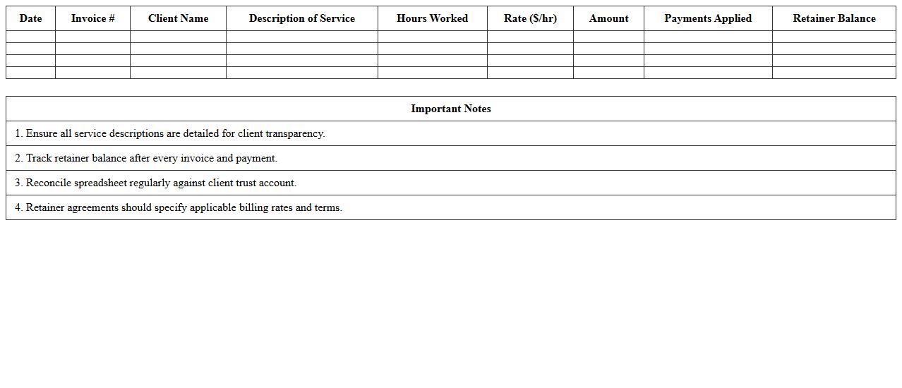 Retainer Legal Invoice Spreadsheet for Attorneys