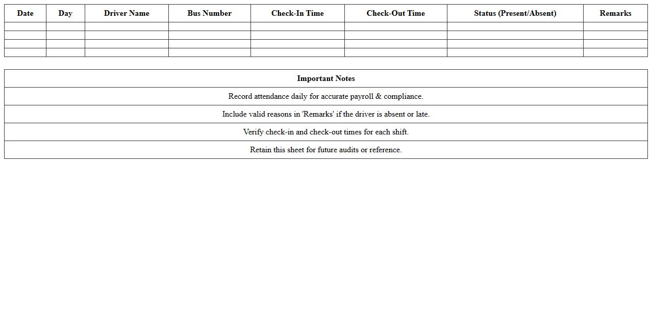 School Bus Driver Attendance Excel Sheet
