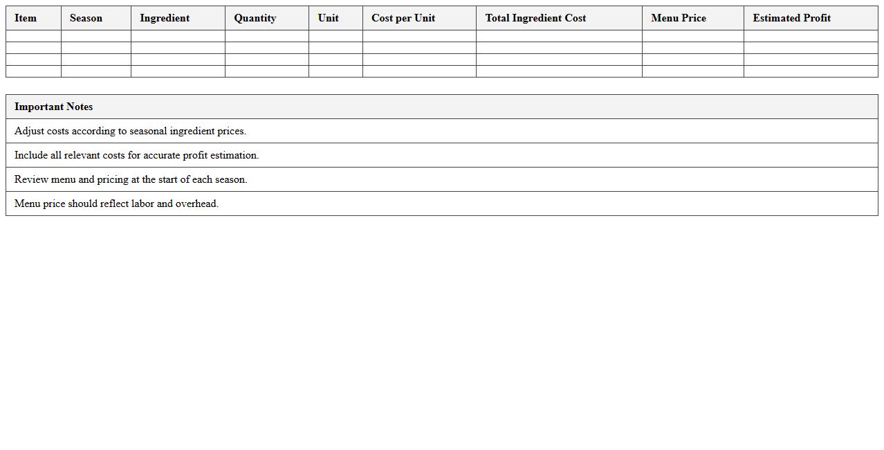 Seasonal Catering Menu Cost Calculator