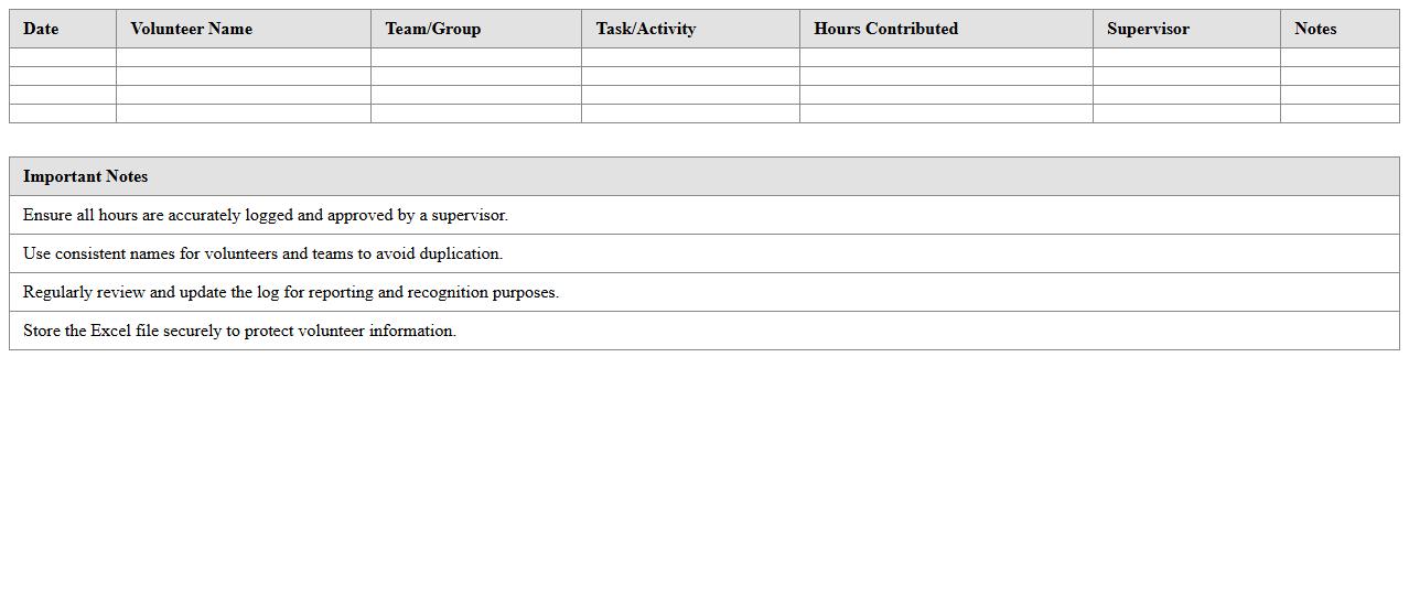 Shared Volunteer Hours Excel Log for Nonprofit Teams