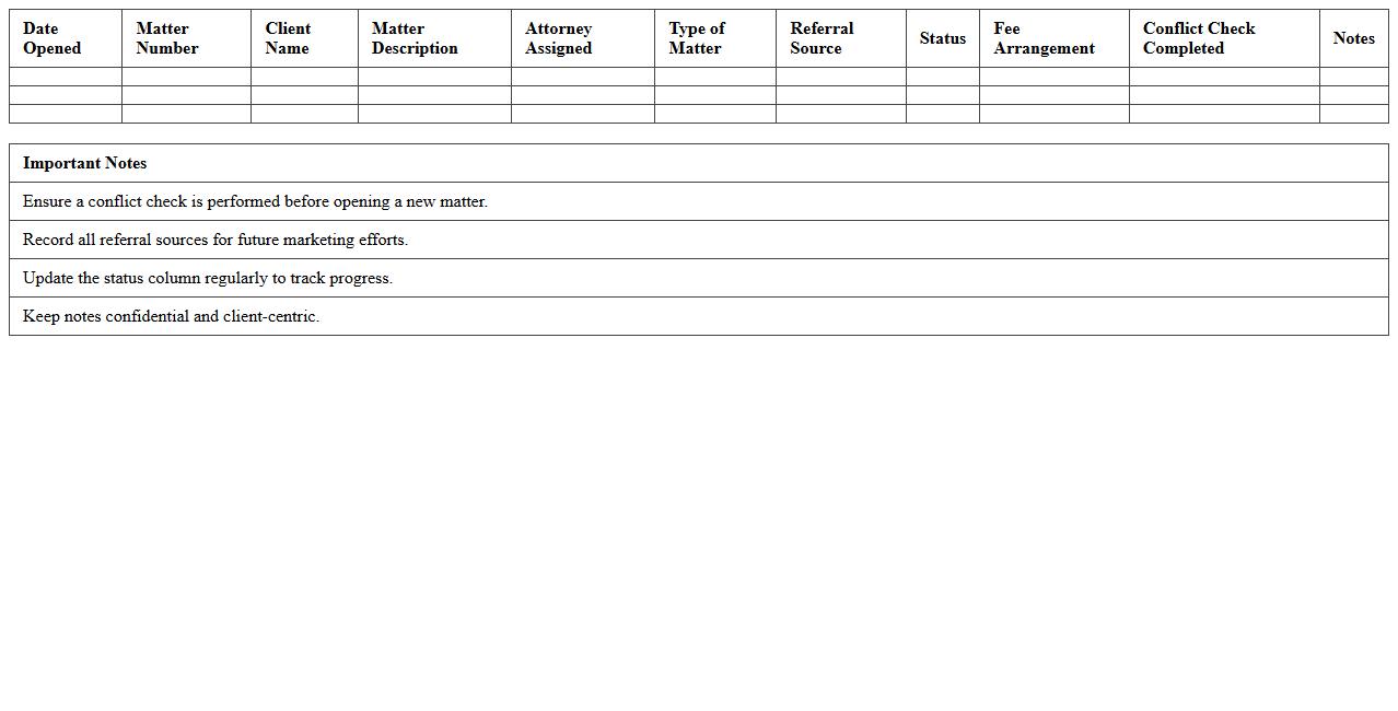 Small Law Firm New Matter Intake Log Excel