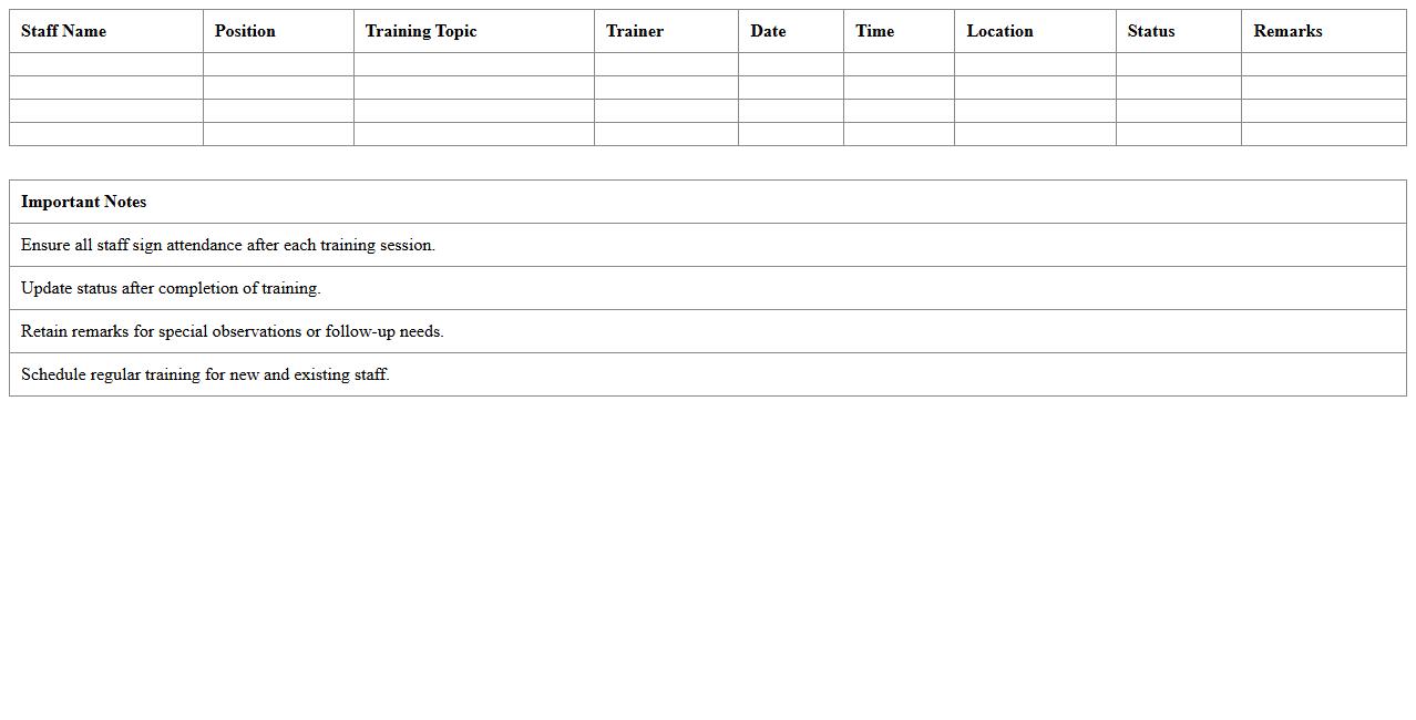 Spa Staff Training Calendar Excel Template