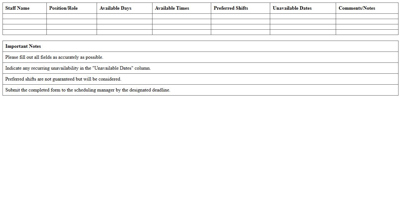Staff Availability and Shift Preference Form