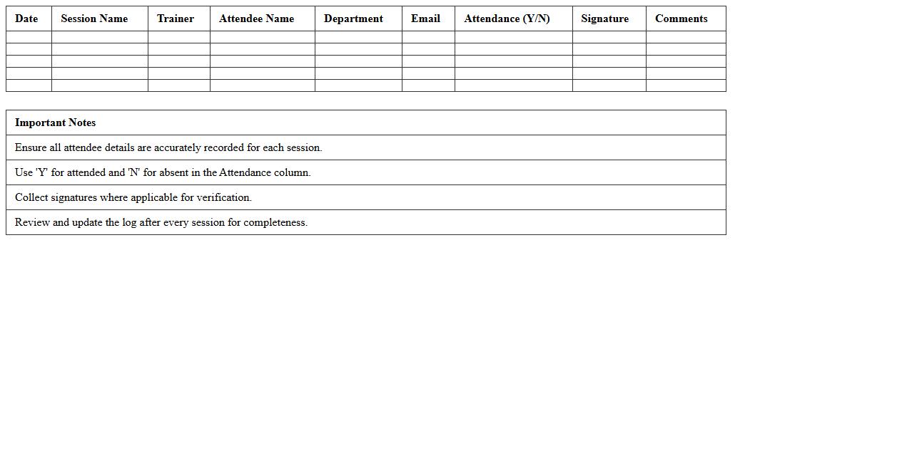 Training Session Attendee Log Excel Template