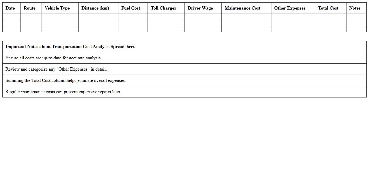 Transportation Cost Analysis Spreadsheet