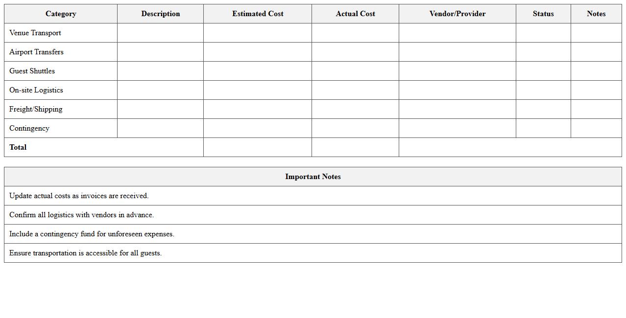 Transportation and Logistics Budget Sheet for Hospitality Events