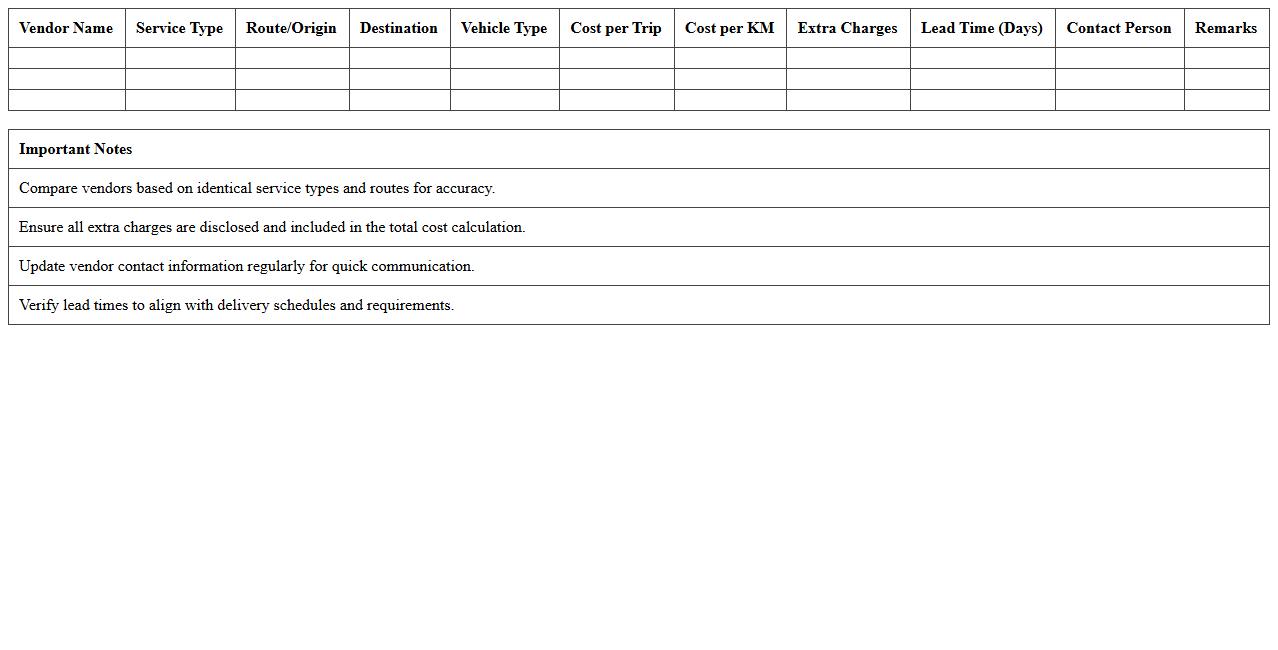 Transportation Vendor Cost Comparison Excel Template