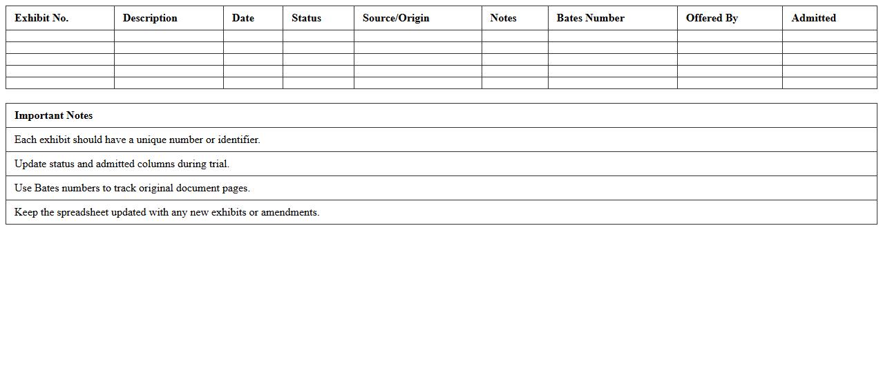 Trial Exhibit Numbering Spreadsheet Template