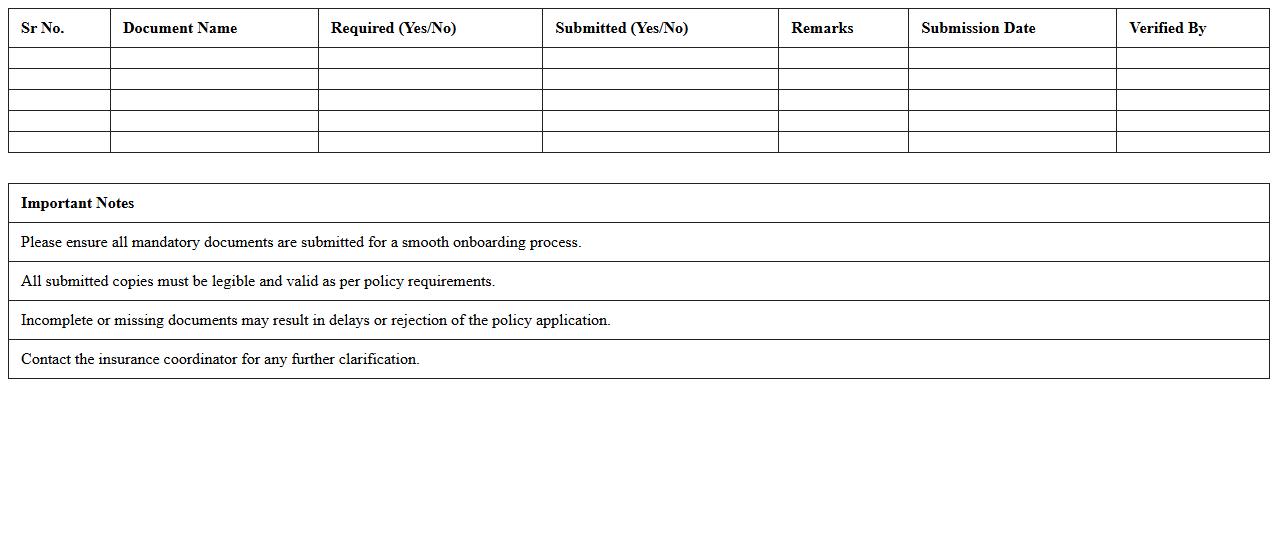 Vehicle Insurance Policy Onboarding Document Checklist Excel Template