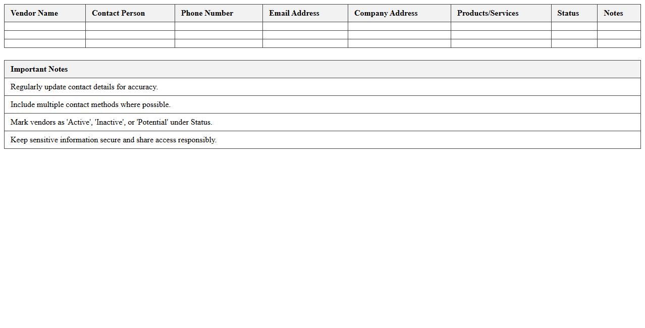 Vendor Contact List and Details Tracker