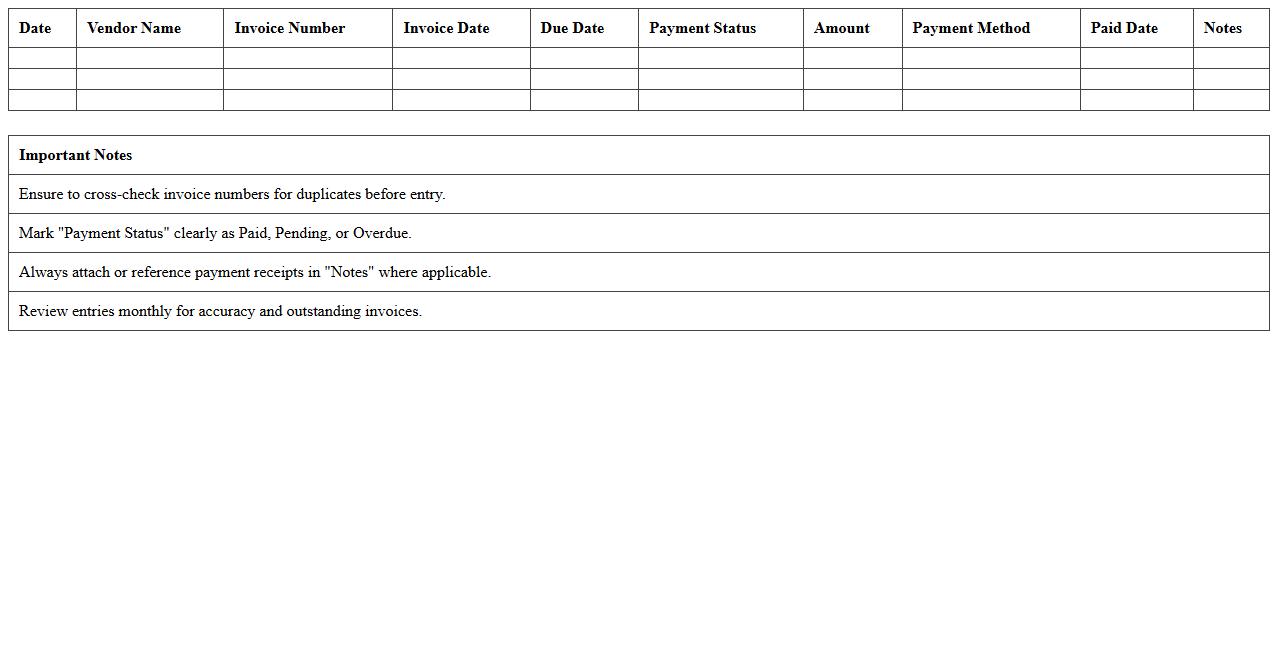 Vendor Payment and Invoice Log