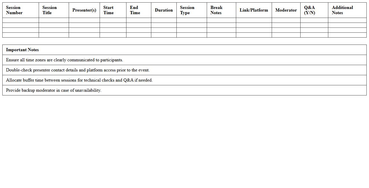 Virtual Conference Agenda Planning Excel Sheet