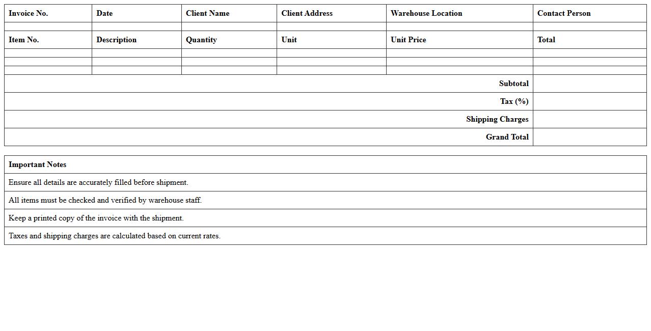 Warehousing and Shipping Invoice Excel Sheet
