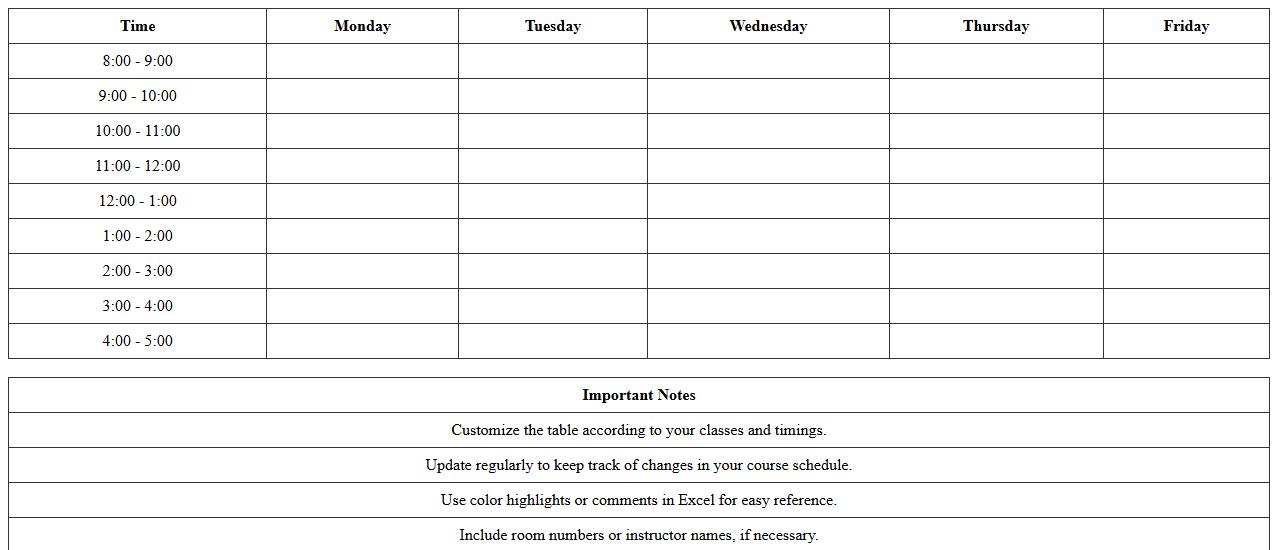 Weekly College Course Schedule Excel Sheet