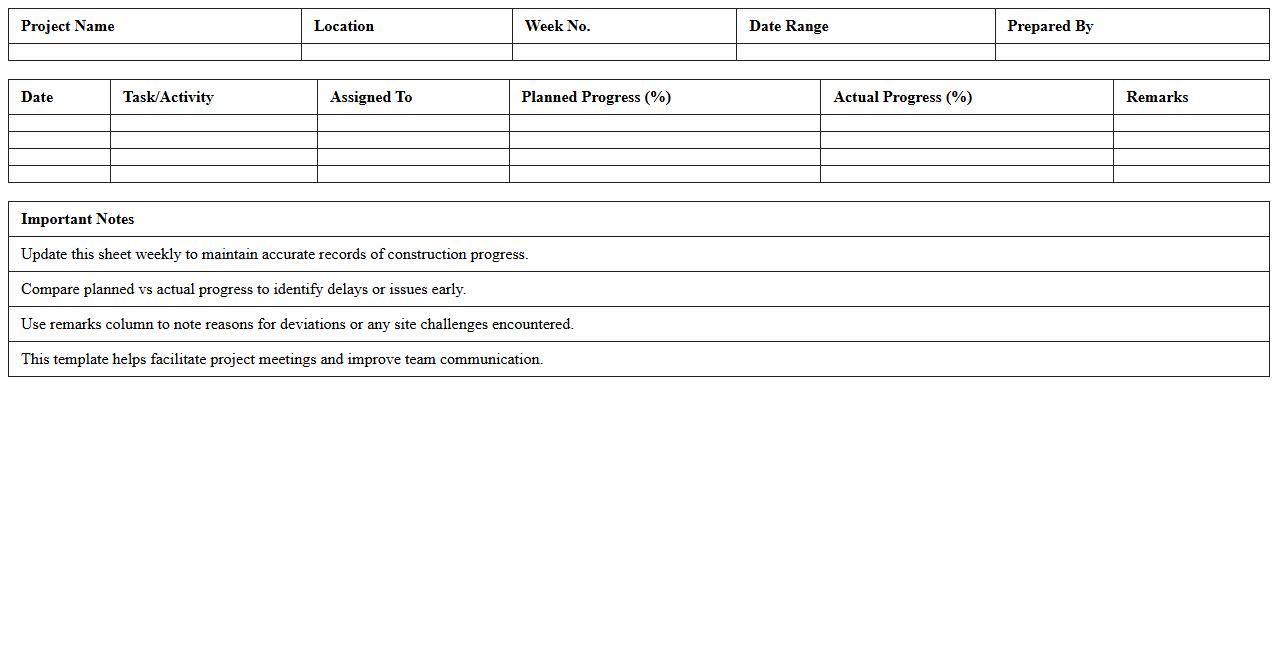 Weekly Construction Progress Tracking Excel Template