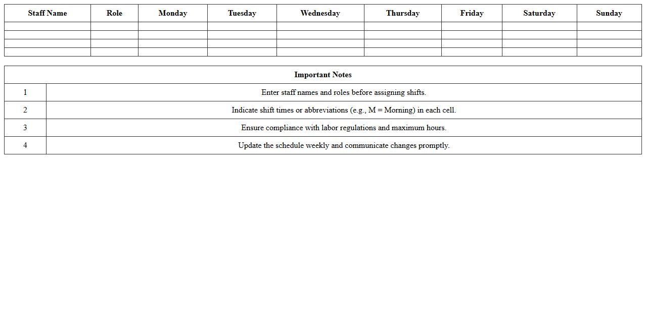 Weekly Hospitality Staff Shift Schedule Excel Template