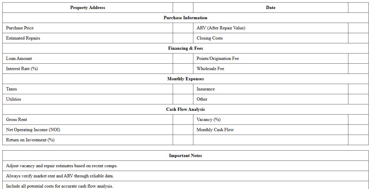 Wholesale Property Cash Flow Analysis Spreadsheet