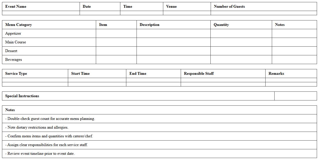 Banquet Event Menu Planning Excel Template