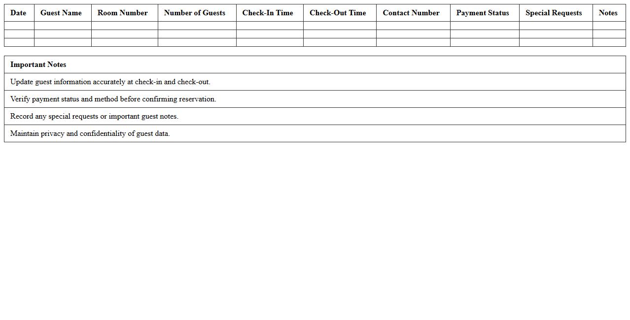 Bed and Breakfast Guest Check-In Log Excel Template
