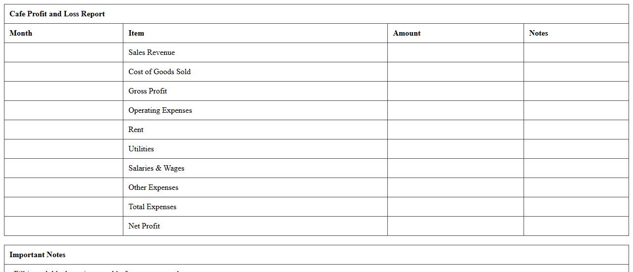 Cafe Profit and Loss Report Excel Spreadsheet
