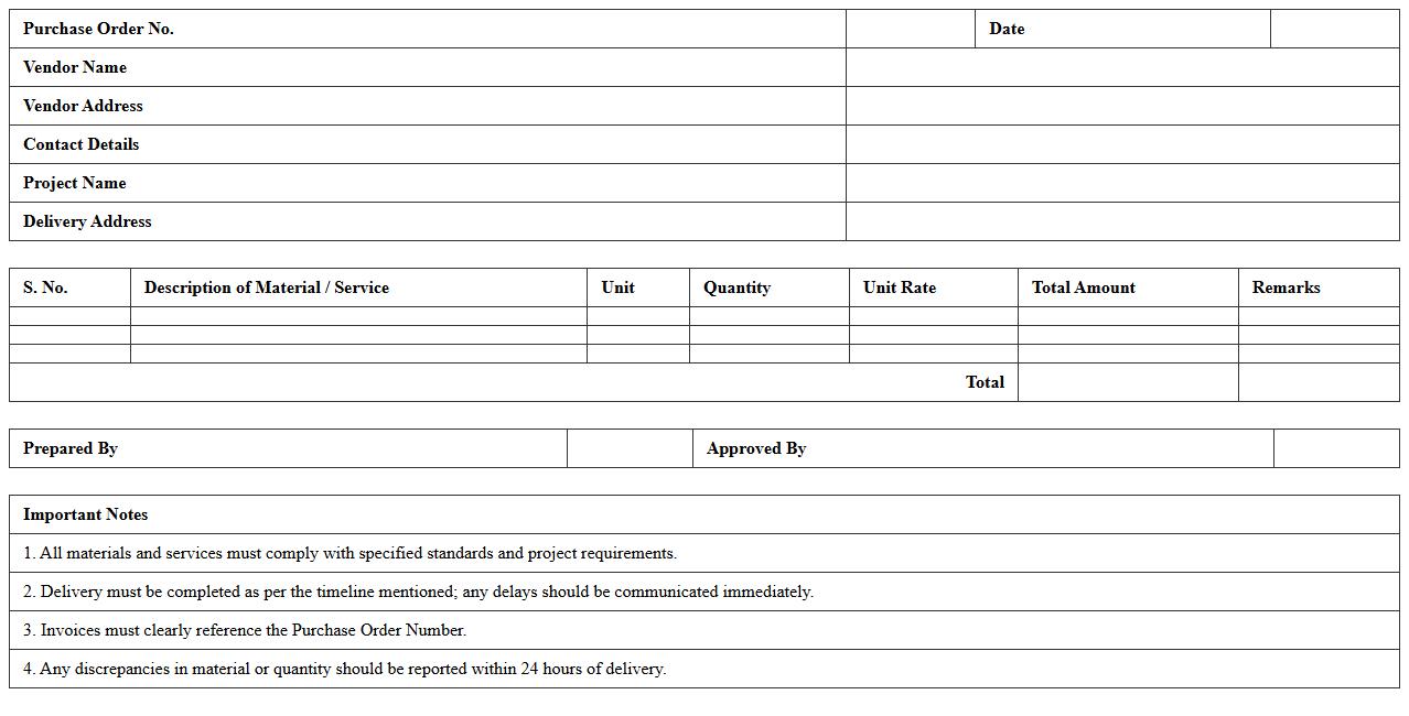 Civil Engineering Purchase Order Excel Template for Vendors