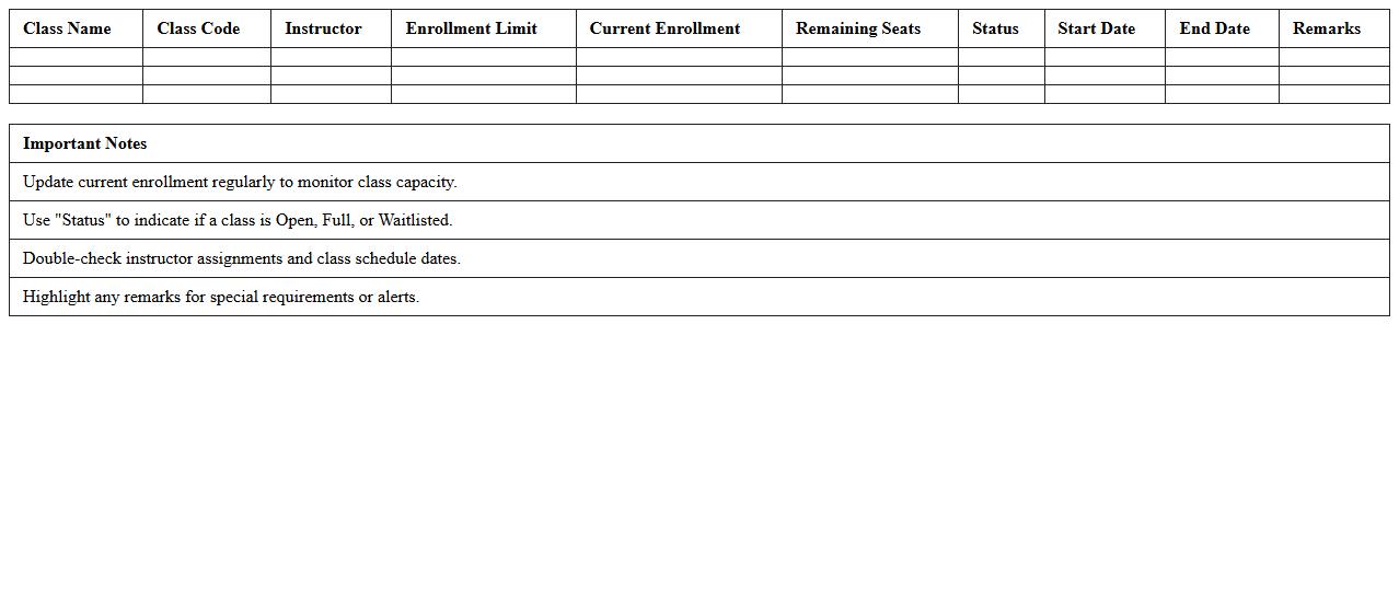 Class Enrollment Monitoring Excel Template