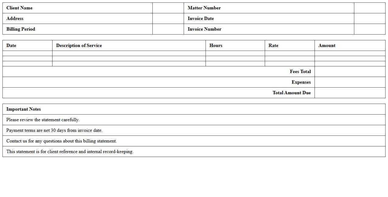 Client Matter Billing Statement Template