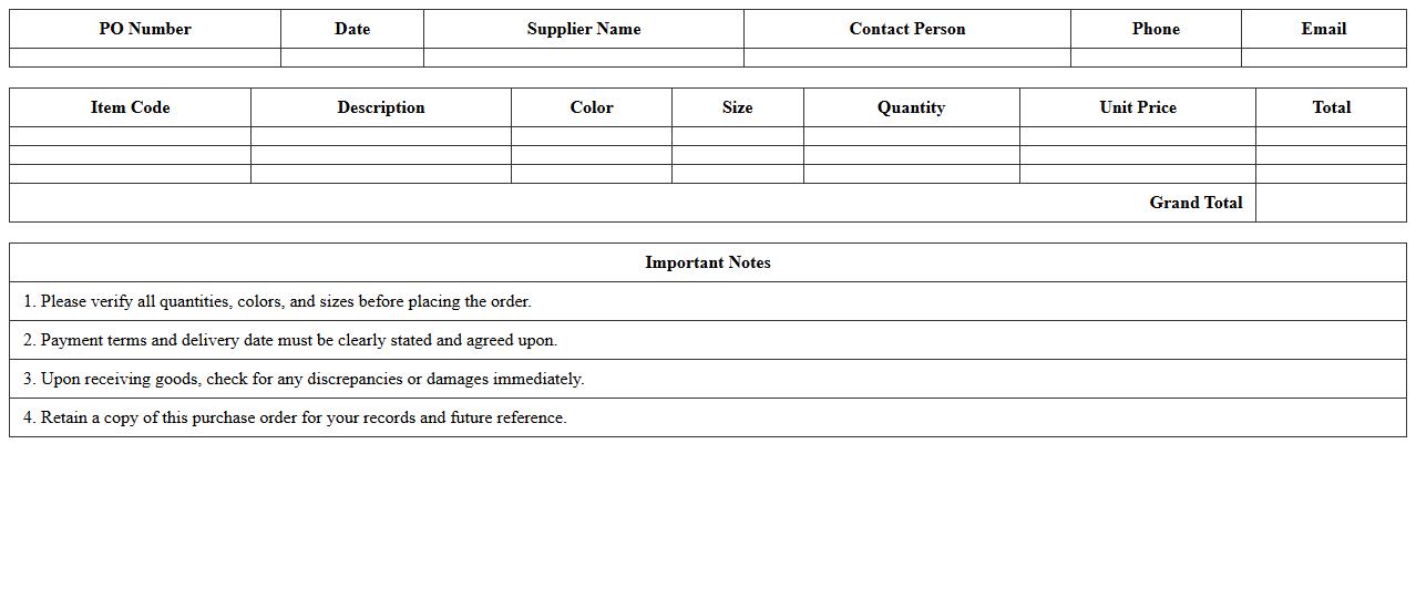 Clothing Retail Purchase Order Excel Sheet Template