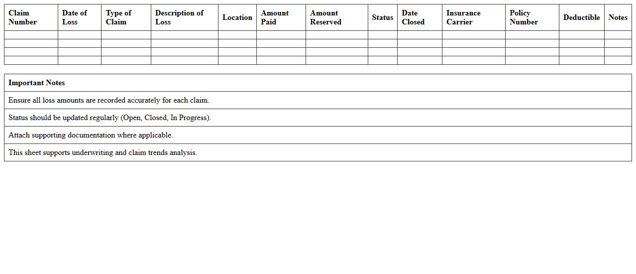 Commercial Claims Loss History Sheet