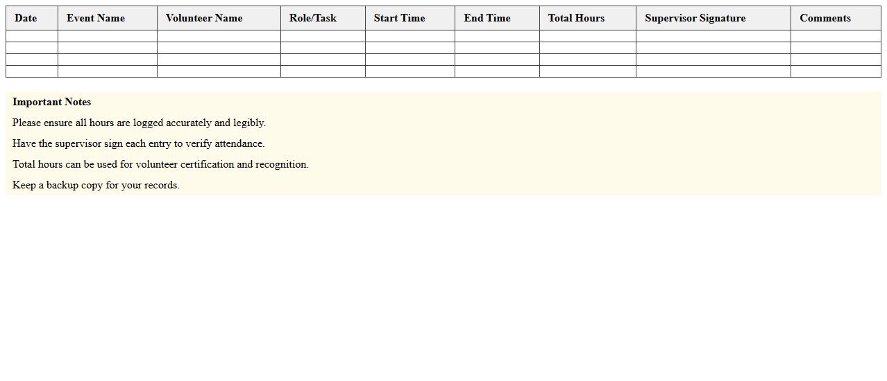 Community Event Volunteer Hours Log Spreadsheet