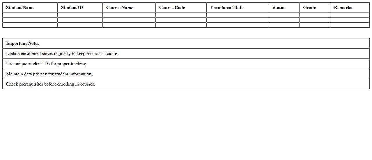 Course Enrollment Excel Tracker Template