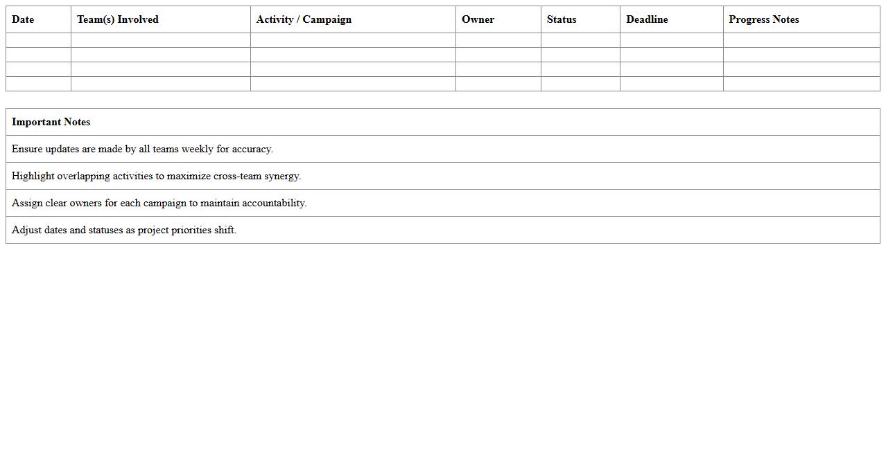 Cross-Team Marketing Activities Calendar Excel Template