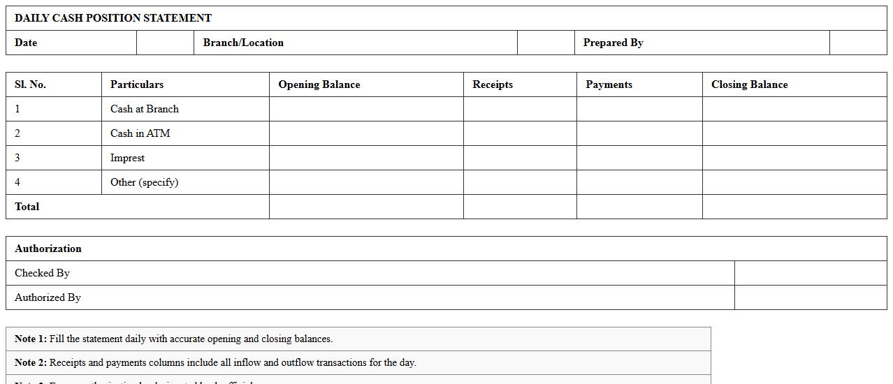 Daily Cash Position Statement Excel for Bank Use
