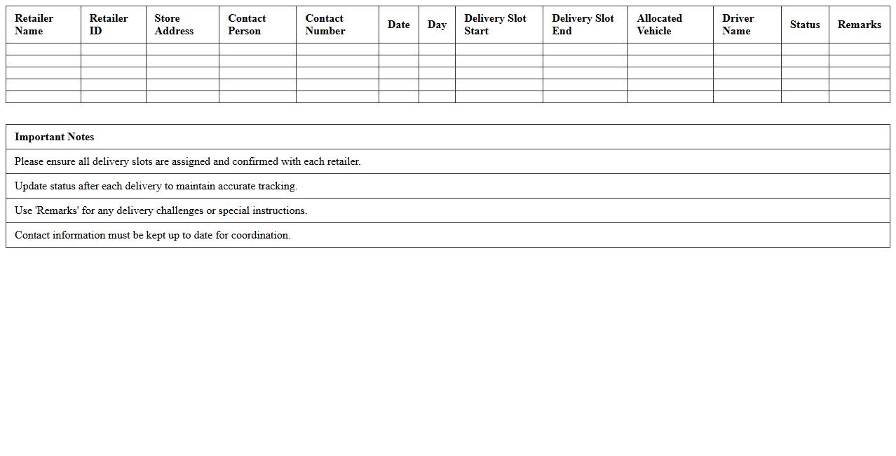 Delivery Slot Allocation Sheet for Retailers