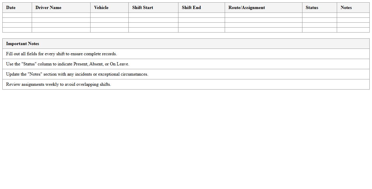 Driver Assignment and Shift Tracking Excel Sheet