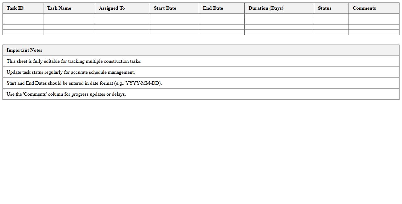 Editable Construction Schedule Tracker Excel Sheet