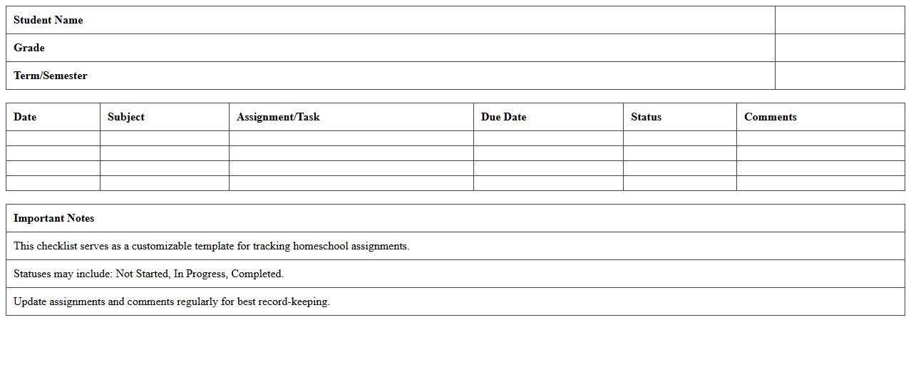 Editable Homeschool Assignment Checklist Excel