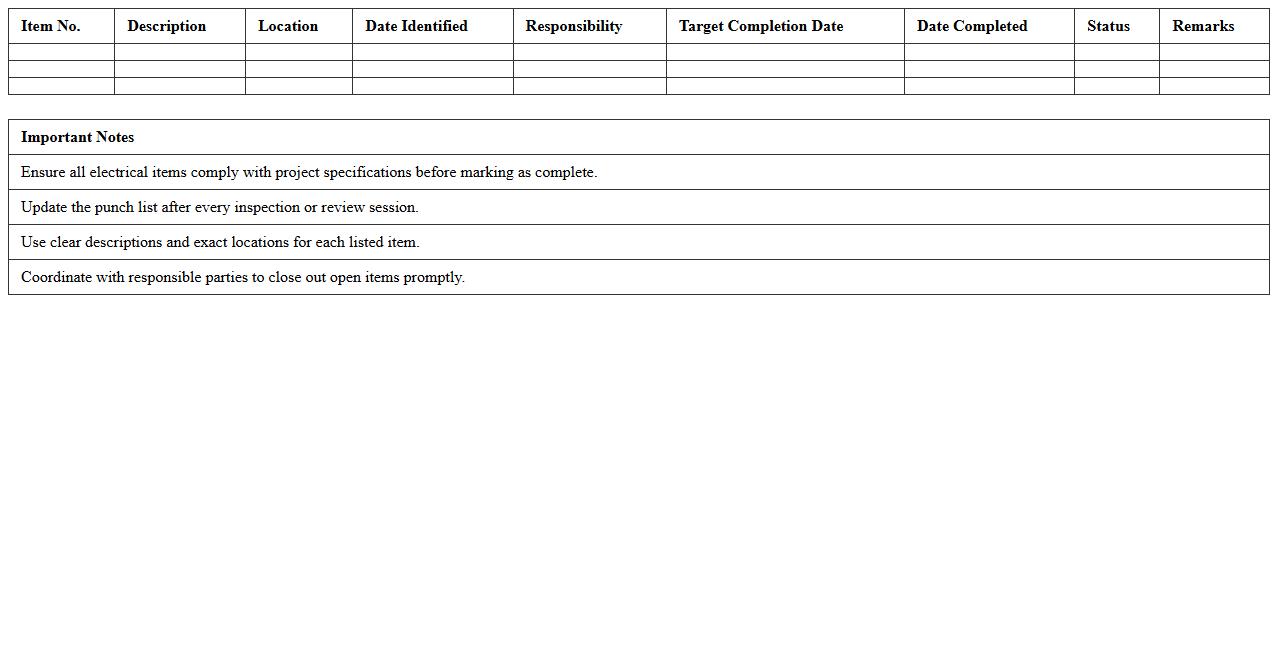 Electrical Punch List Excel Template for Construction QA