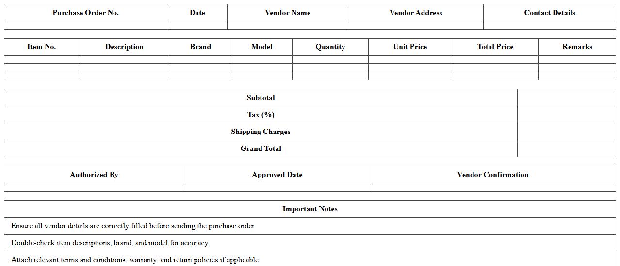 Electronics Retail Purchase Order Excel Template for Vendors
