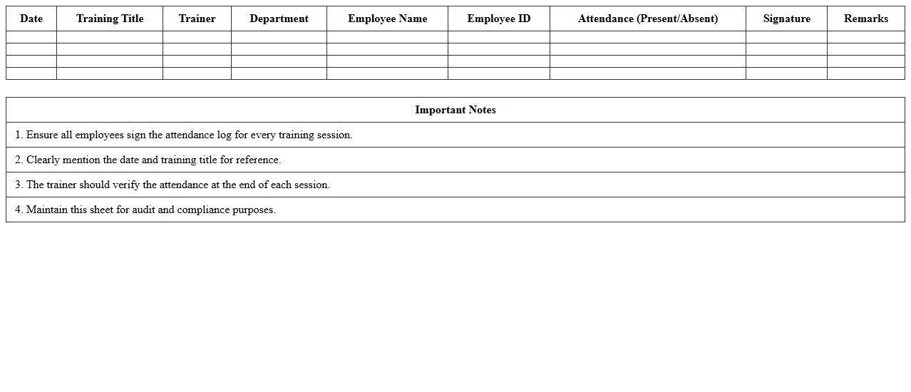 Employee Tech Training Attendance Log Sheet