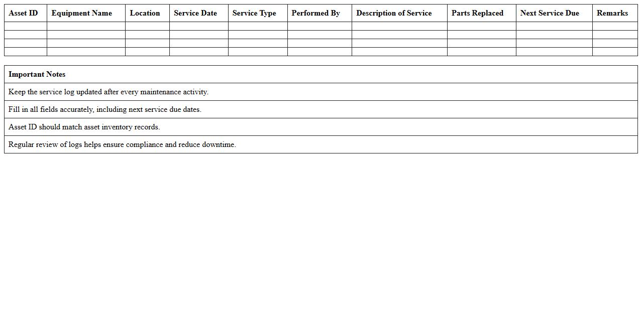 Equipment Service Log Excel Template for Manufacturing Asset Tracking