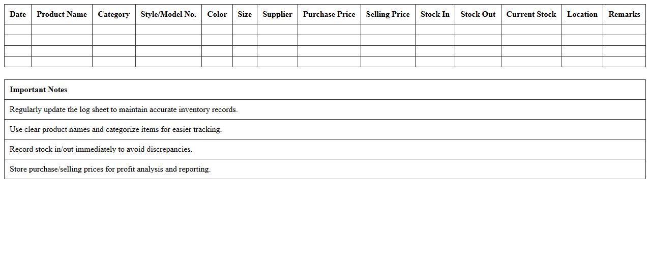 Fashion Boutique Product Inventory Log Sheet