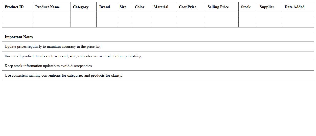 Fashion Product Price List Excel Spreadsheet