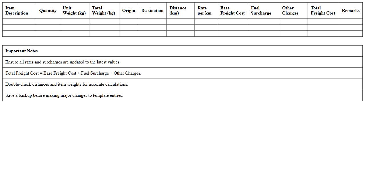 Freight Cost Calculation Excel Template
