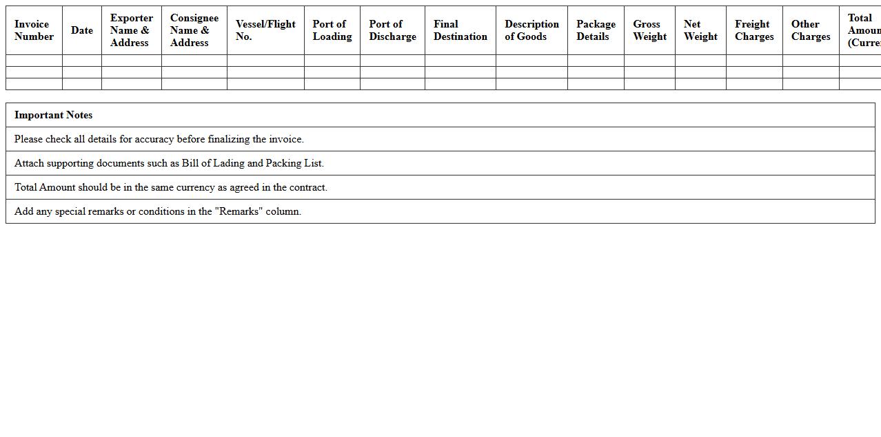 Freight Invoice Excel Template for Export Shipments