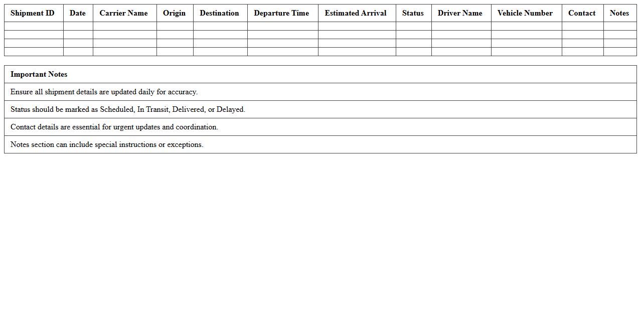 Freight Transportation Schedule Tracker Spreadsheet